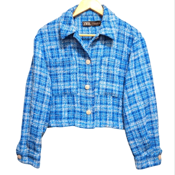 Zara Women's Plaid Tweed Cropped Long Sleeve Button Down Blazer Top Blue Size L. - Picture 7 of 16